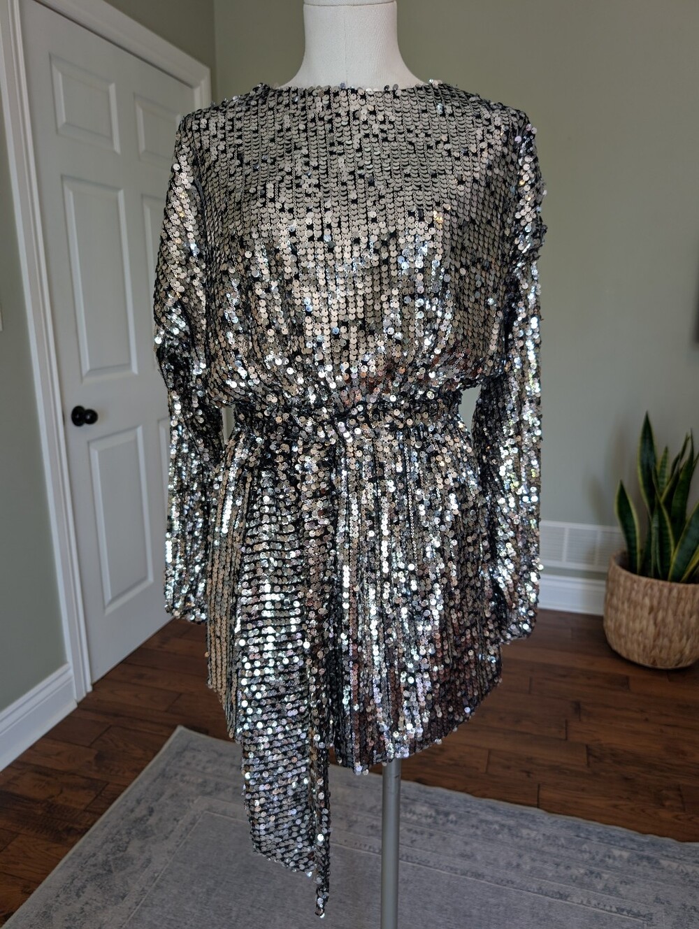 Zara Silver Sequin Belted Mini Dress Long Sleeve NWT Size M